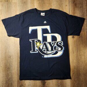 ☀️🌴Majestic Tampa Bay Rays MLB Navy Blue Sunburst Logo T-Shirt-L